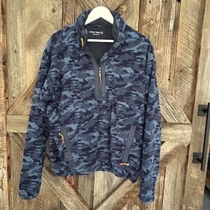 OUTDOOR VOICES MEN FLEECE HALF ZIP BLUE CAMO JACKET PULLOVER WITH HOOD MEDIUM M